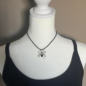 Handmade Vintage Goth Emo Silver Spider Black Cord Necklace